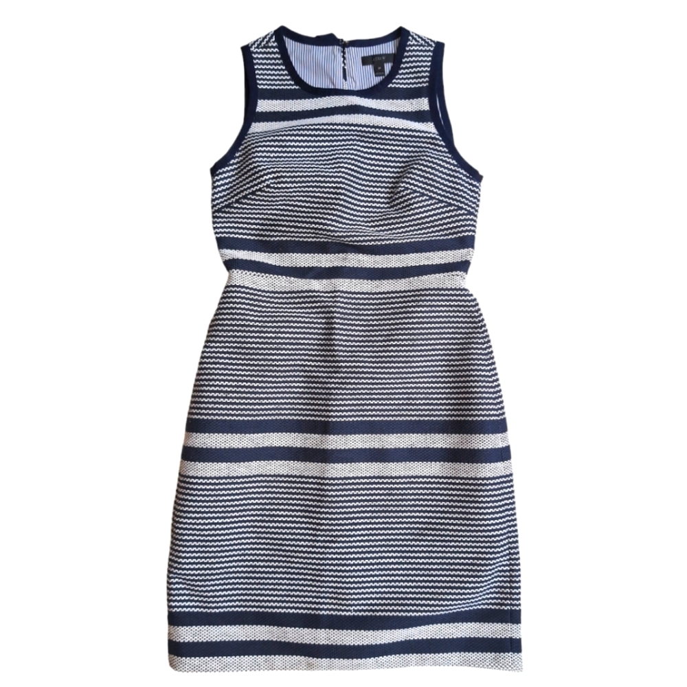 J. Crew Sheath Tweed Dress Navy Cream Woven Fabric Striped Petite Size 2